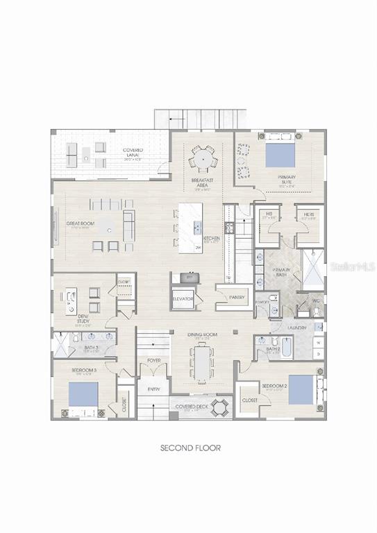 This is a floor plan for a second-floor residential layout featuring three bedrooms and bathrooms — 104 18TH STREET, BELLEAIR BEACH, FL