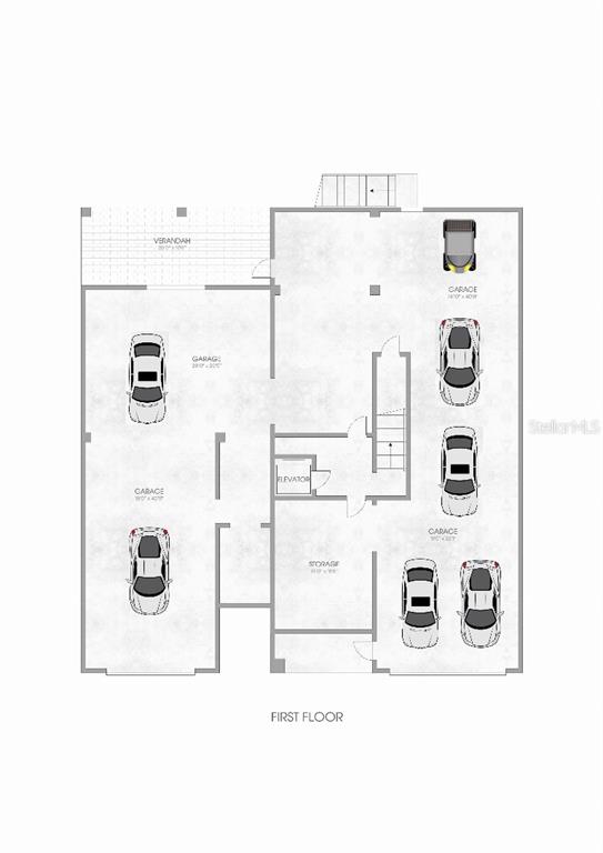 This is a floor plan of a ground level featuring multiple garage spaces and an elevator — 104 18TH STREET, BELLEAIR BEACH, FL