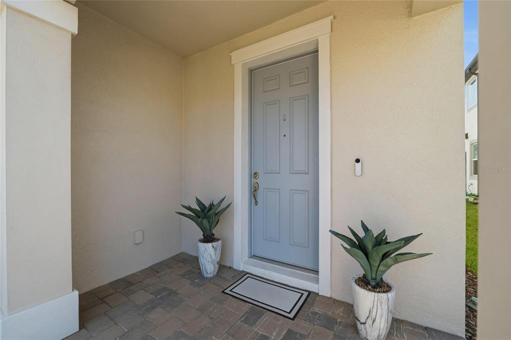 A light blue front door with a doorbell camera sits between two potted agave plants — 7273 NOTCHED PINE BEND, WESLEY CHAPEL, FL