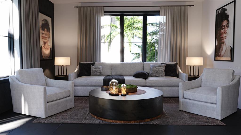 This rendering shows a modern living room with a sofa, two armchairs, and a coffee table — 2360 OCEAN SHORE BOULEVARD UNIT 30, ORMOND BEACH, FL