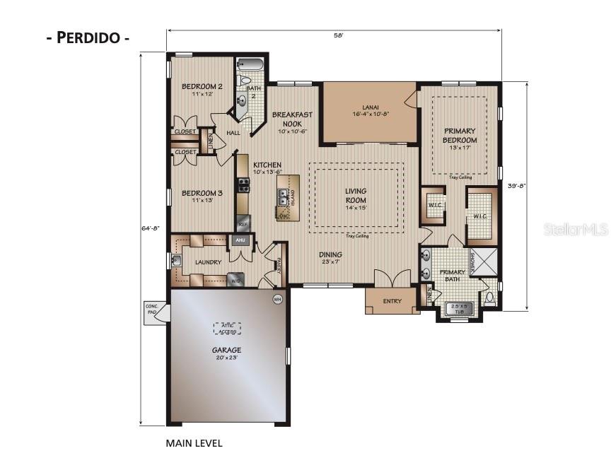 This is a floor plan for a single-story house featuring three bedrooms, a garage, and lanai — 4844 W MAVERICK COURT, BEVERLY HILLS, FL