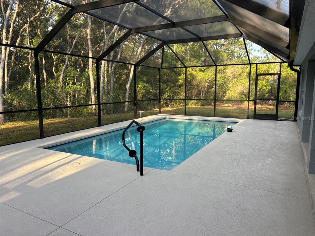 A rectangular swimming pool is enclosed by a screened lanai with a concrete deck — 4844 W MAVERICK COURT, BEVERLY HILLS, FL