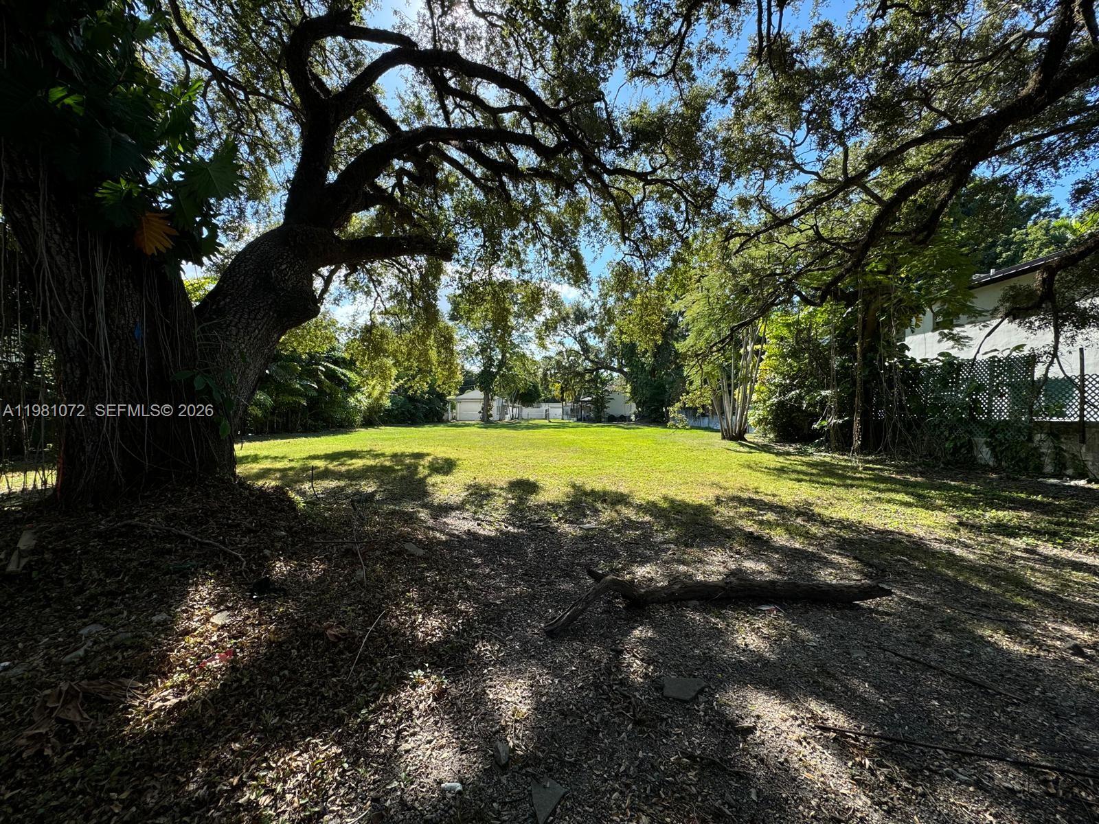 A large, grassy backyard features mature oak trees and a view of neighboring houses — 3528 Royal Palm Ave, Miami FL 33133, MIAMI, FL