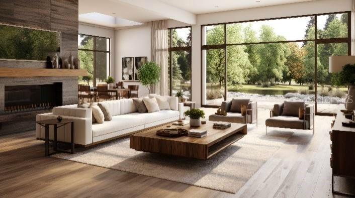 This rendering shows a modern living room with a large sofa, fireplace, and floor-to-ceiling windows — 8753 COSTADO STREET, SEBRING, FL