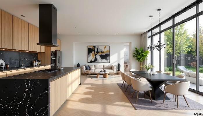 This rendering shows a modern open-concept kitchen and dining area with light wood cabinetry — 8753 COSTADO STREET, SEBRING, FL