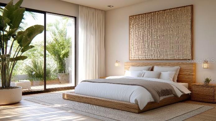 This is a rendering of a modern bedroom with a platform bed and large glass doors — 8753 COSTADO STREET, SEBRING, FL