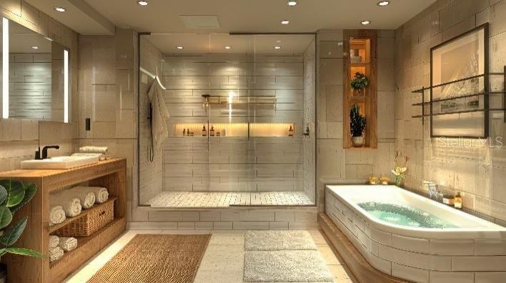 This is a rendering of a modern bathroom featuring a glass shower and a soaking tub — 8753 COSTADO STREET, SEBRING, FL