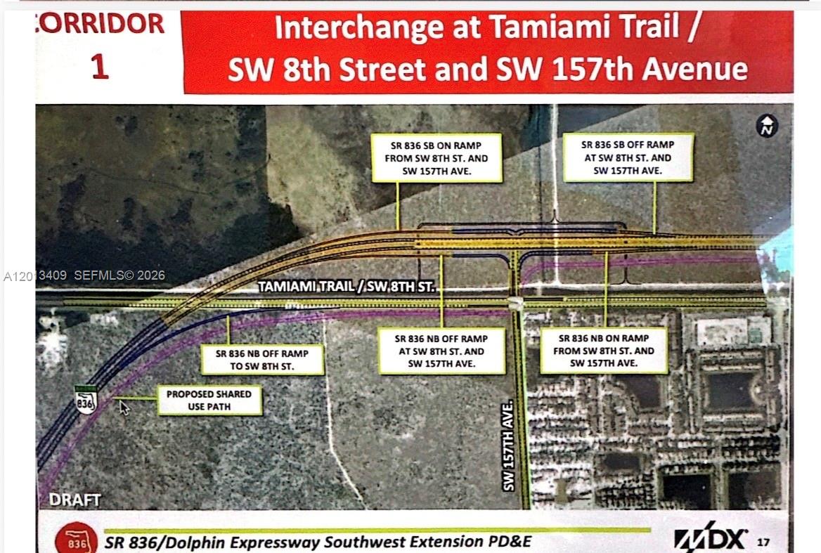 This is a map rendering showing the proposed SR 836 interchange at SW 8th Street — KROME AVE, Miami FL 33185, MIAMI, FL