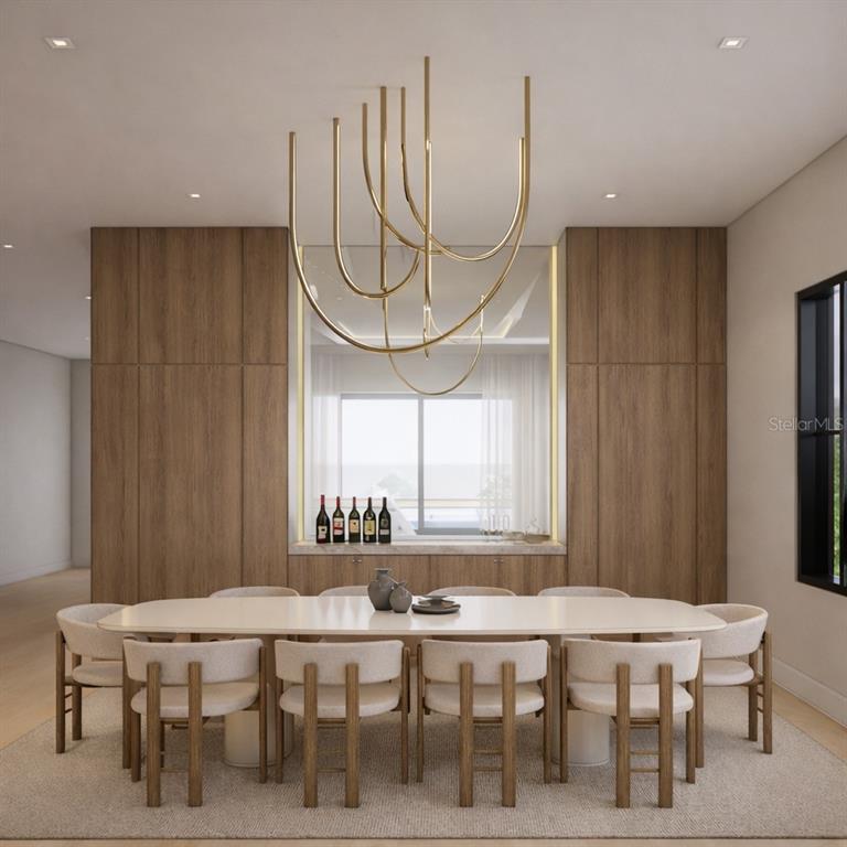 This rendering shows a dining room with a long table, modern chairs, and gold chandelier — 1432 W YALE STREET, ORLANDO, FL
