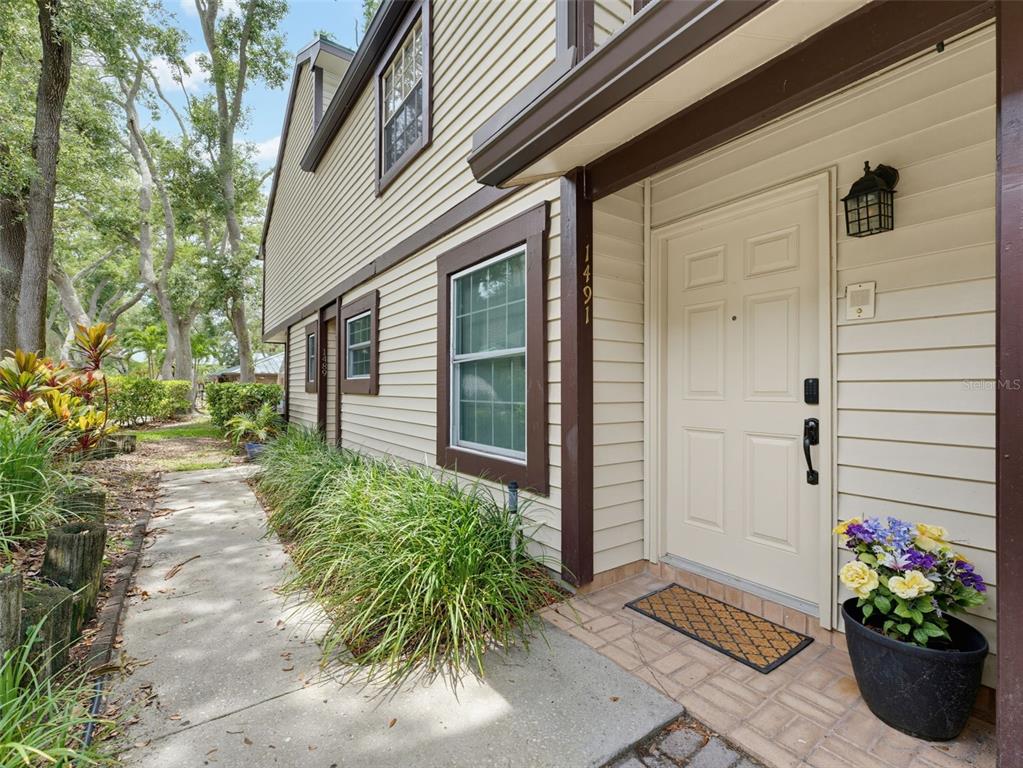 A beige house exterior features a front door, a walkway, and a potted plant — 1491 MAHOGANY LANE UNIT 1491, PALM HARBOR, FL