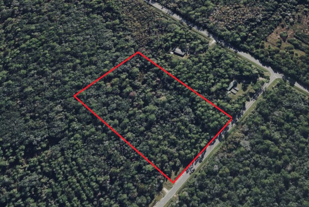 An aerial view shows a rectangular, tree-covered plot of land outlined in red — 000 WATER OAK ROAD, BUNNELL, FL