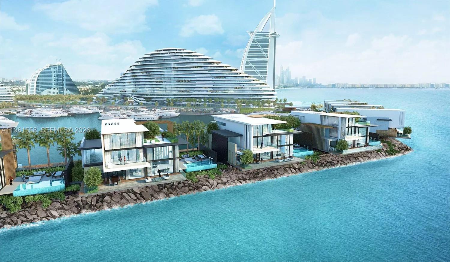 This is a rendering of modern waterfront villas with private pools near a large marina — 3 Jumeirah Street # 0, Dubai, FL