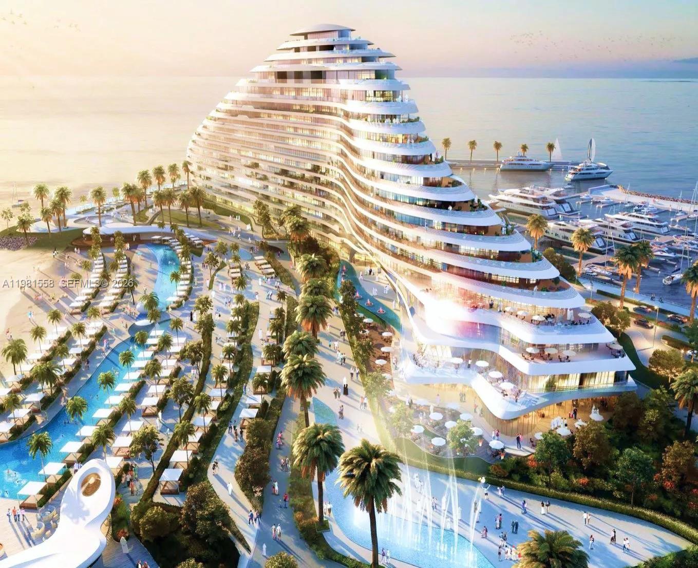 This is a digital rendering of a modern, tiered waterfront resort building with a marina — 3 Jumeirah Street # 0, Dubai, FL