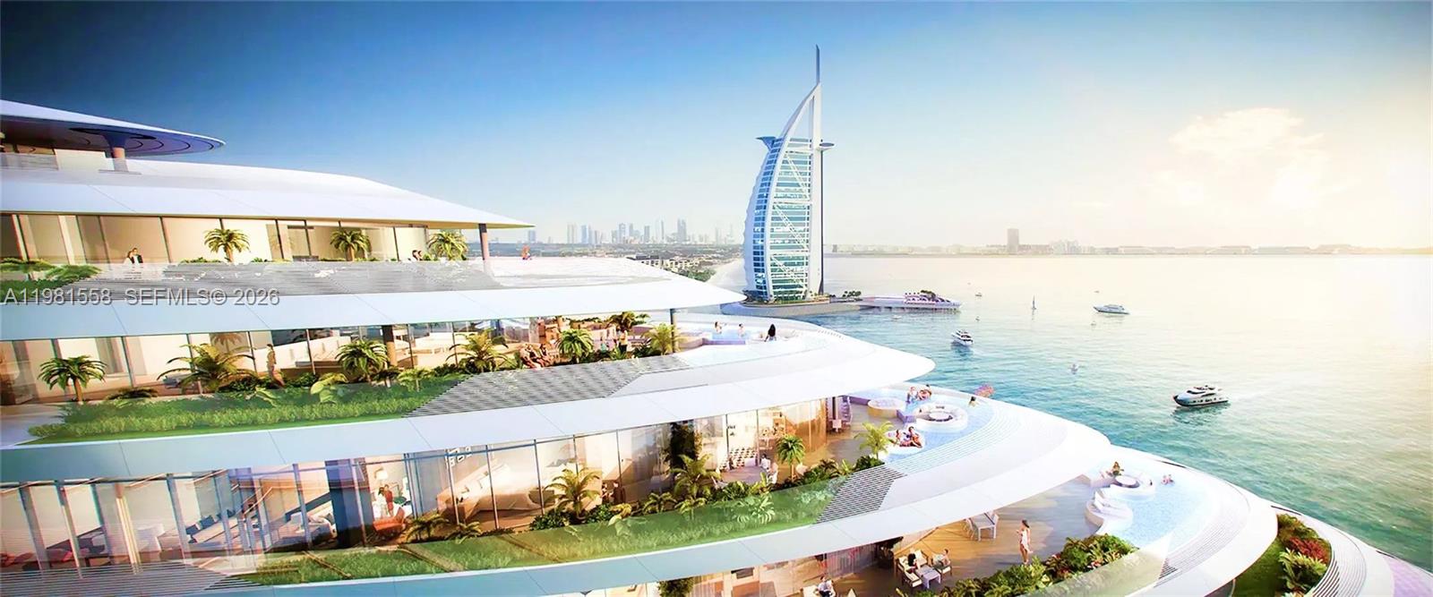 This is a digital rendering of a modern multi-level luxury yacht near the Burj Al Arab — 3 Jumeirah Street # 0, Dubai, FL