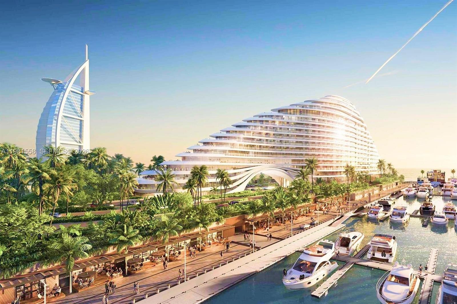 This rendering shows a modern curved hotel building next to a marina with yachts — 3 Jumeirah Street # 0, Dubai, FL