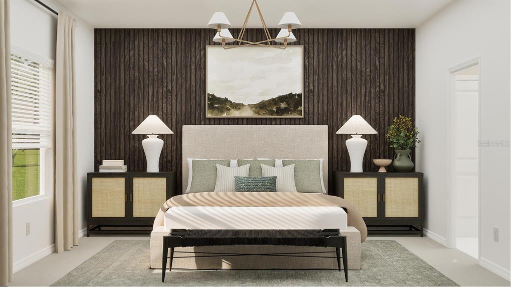 This rendering shows a bedroom with a dark wood-paneled accent wall behind the bed — 8206 SAINT KITTS CIRCLE, ENGLEWOOD, FL