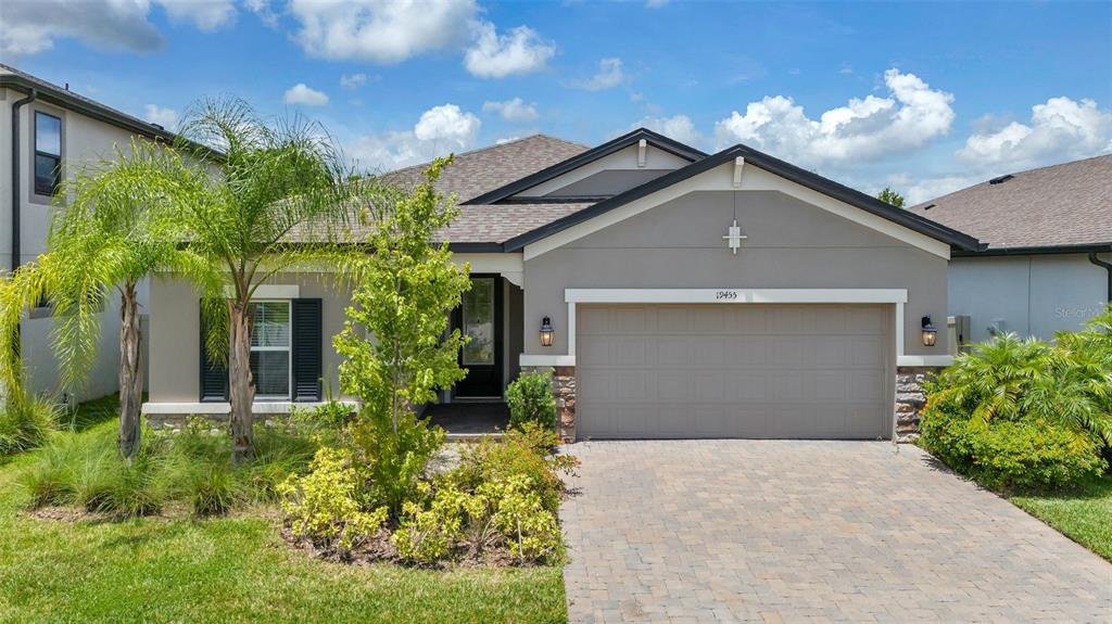 A single-story house with a gray stucco exterior, a two-car garage, and a paved driveway — 19455 REDWOOD POINT DRIVE, TAMPA, FL