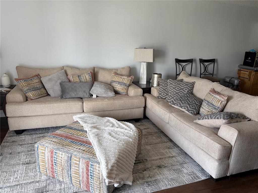 A living room features two beige sofas, a patterned ottoman, and a gray area rug — 60 WINTER RIDGE ROAD UNIT 60, WINTER HAVEN, FL