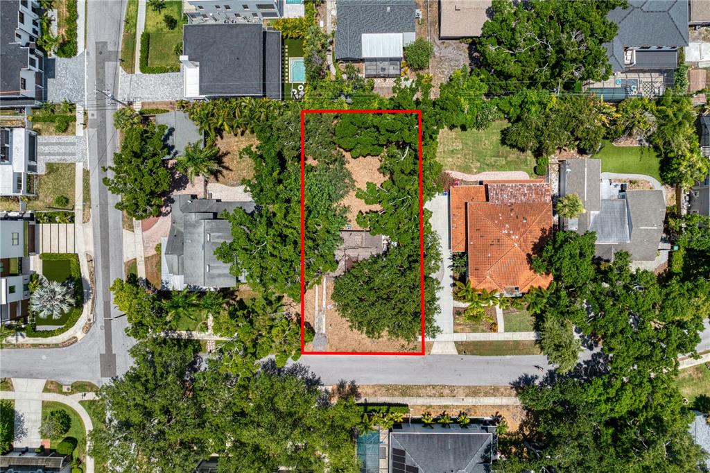 An aerial view shows a rectangular residential lot outlined in red with mature trees — 3403 W BAY VILLA AVENUE, TAMPA, FL