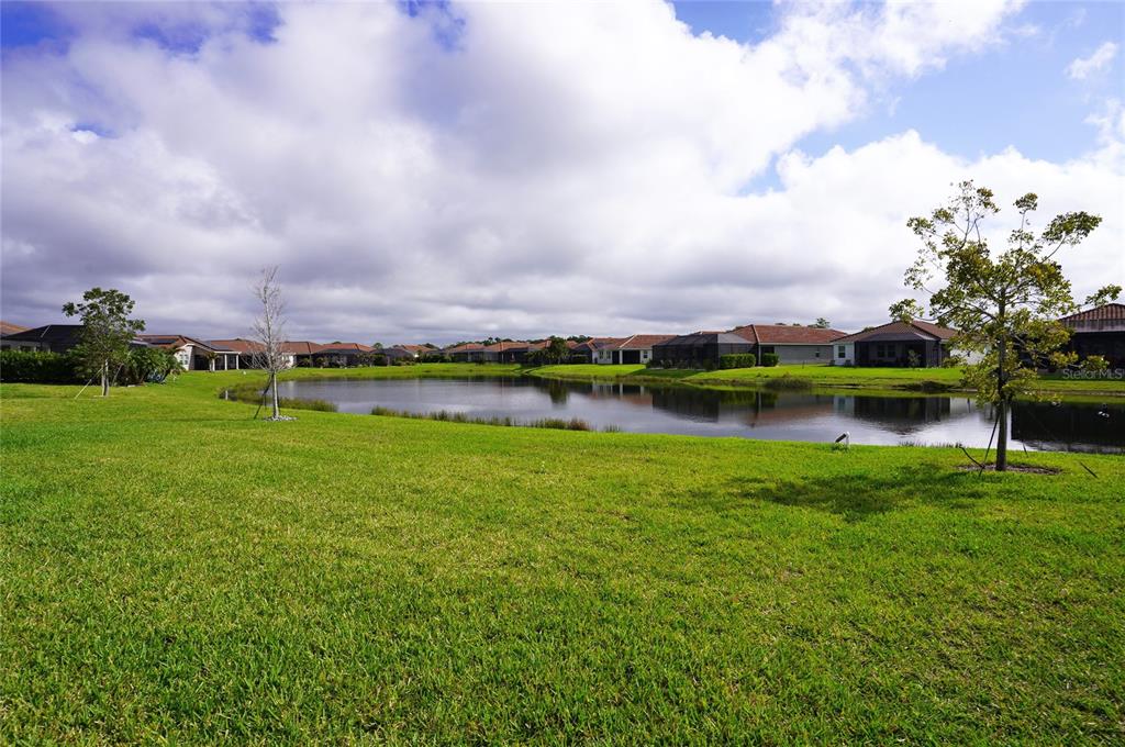 A grassy lawn overlooks a pond surrounded by suburban houses under a cloudy sky — 286 DAYLILY BOULEVARD, NOKOMIS, FL