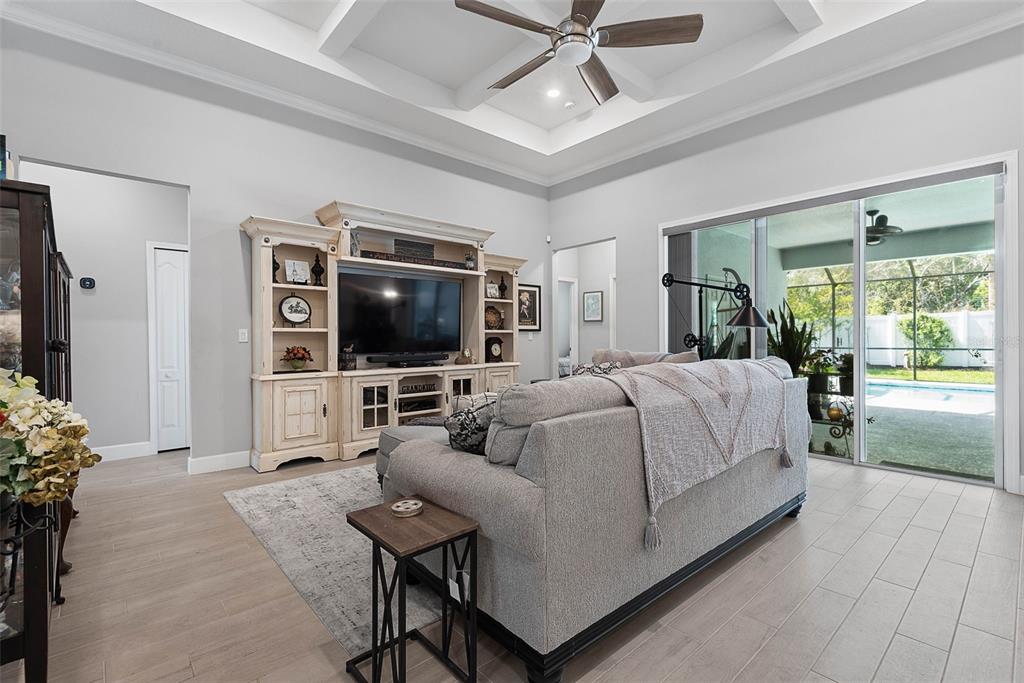 A living room features a tray ceiling, a large entertainment center, and sliding glass doors — 42 FRANCIS LANE, PALM COAST, FL