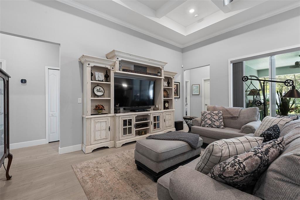 A living room features a large white entertainment center, gray sofas, and a tray ceiling — 42 FRANCIS LANE, PALM COAST, FL