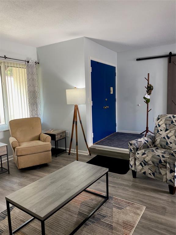 A living room features a blue front door, two armchairs, and a tripod floor lamp — 2209 BELLEAIR ROAD UNIT C21, CLEARWATER, FL
