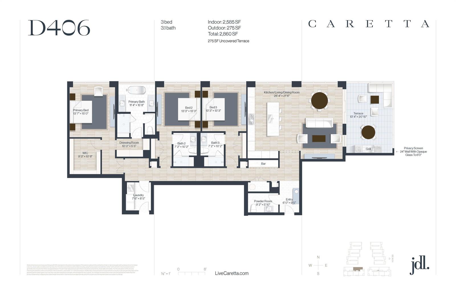 This is a floor plan for a three-bedroom, three-and-a-half-bath residential unit with a terrace — 1011 Us Highway 1 # D406, Juno Beach FL 33408, JUNO BEACH, FL