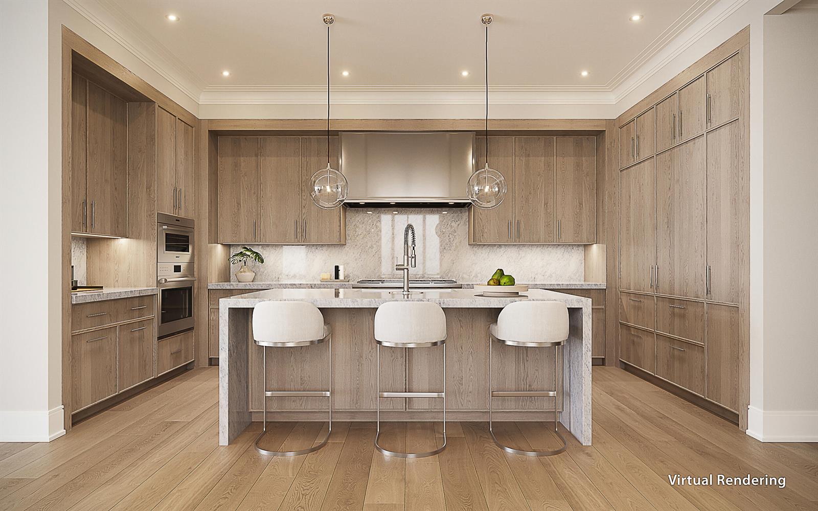 This virtual rendering shows a modern kitchen with light wood cabinetry, marble countertops, and island — 1011 Us Highway 1 # D406, Juno Beach FL 33408, JUNO BEACH, FL