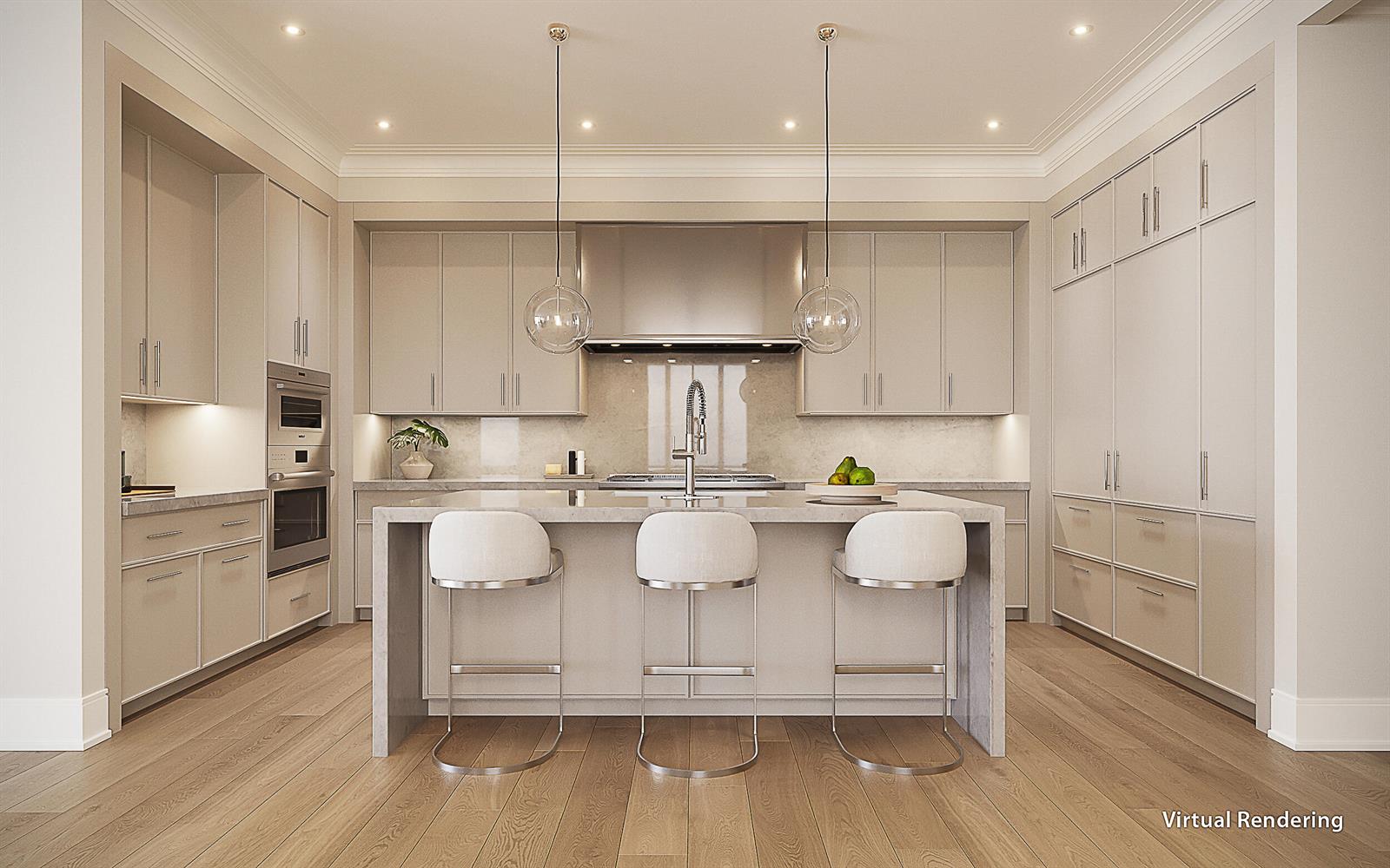 A virtual rendering of a modern kitchen featuring light cabinetry, a central island, and stools — 1011 Us Highway 1 # D406, Juno Beach FL 33408, JUNO BEACH, FL