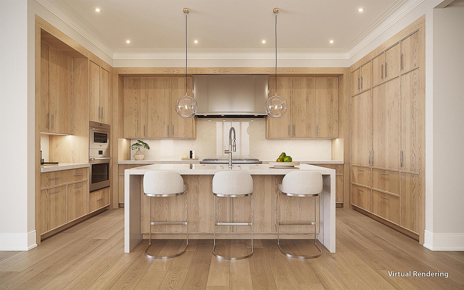 This virtual rendering shows a modern kitchen with light wood cabinetry and a central island — 1011 Us Highway 1 # D406, Juno Beach FL 33408, JUNO BEACH, FL
