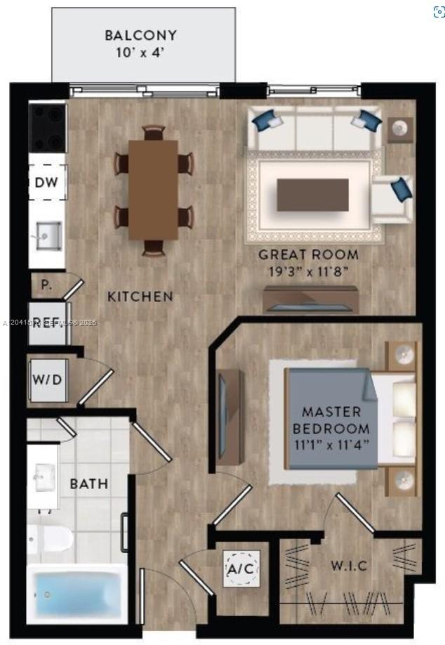 This is a floor plan for a one-bedroom apartment with a kitchen, bathroom, and balcony — 221 SW 12th St # 511, Miami FL 33130, MIAMI, FL