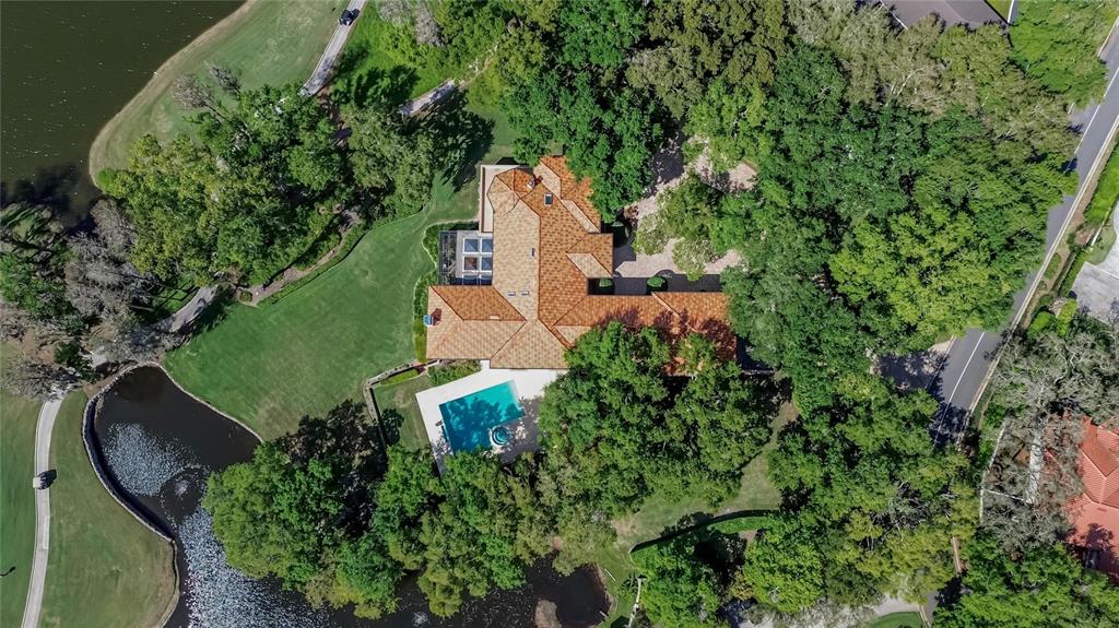 An aerial view shows a house with a tile roof, pool, and surrounding wooded grounds — 1043 GUISANDO DE AVILA, TAMPA, FL