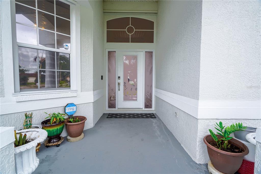 A front entryway features a white door with decorative glass, a window, and potted plants — 2145 PORPOISE STREET, MERRITT ISLAND, FL