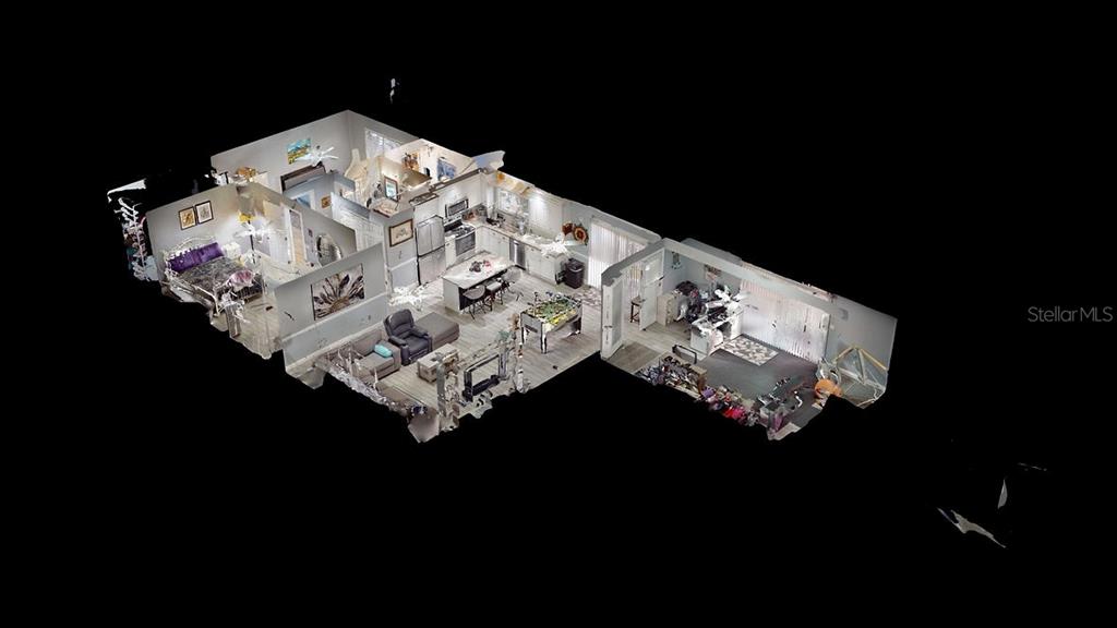 This 3D floor plan rendering shows an open-concept home with a kitchen, living area, and bedrooms — 6796 ELECTRA AVENUE, NORTH PORT, FL