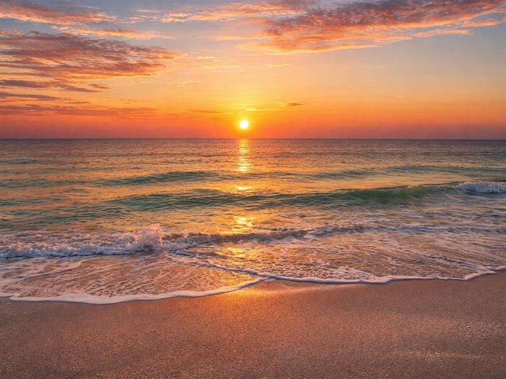 A scenic view of a sandy beach at sunset with waves washing onto the shore — 1770 BENJAMIN FRANKLIN DRIVE UNIT 206, SARASOTA, FL