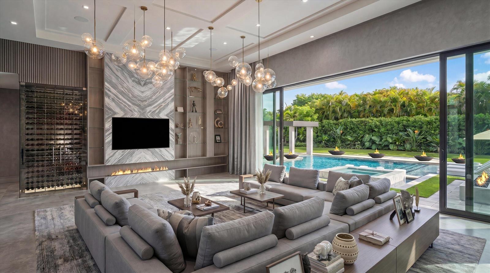 A modern living room features a large sectional sofa, marble fireplace, wine cellar, and pool view — 3905 Fieldview Way, Wellington FL 33414, WELLINGTON, FL