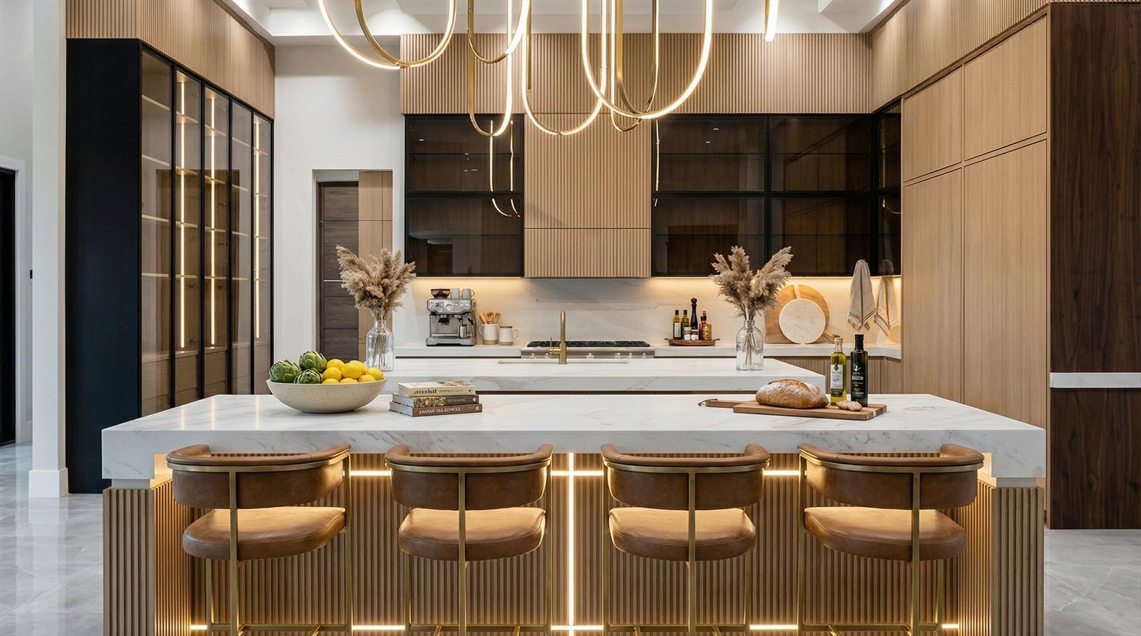 A modern kitchen features a marble-topped island with four stools, fluted wood cabinetry, and pendant lighting — 3905 Fieldview Way, Wellington FL 33414, WELLINGTON, FL