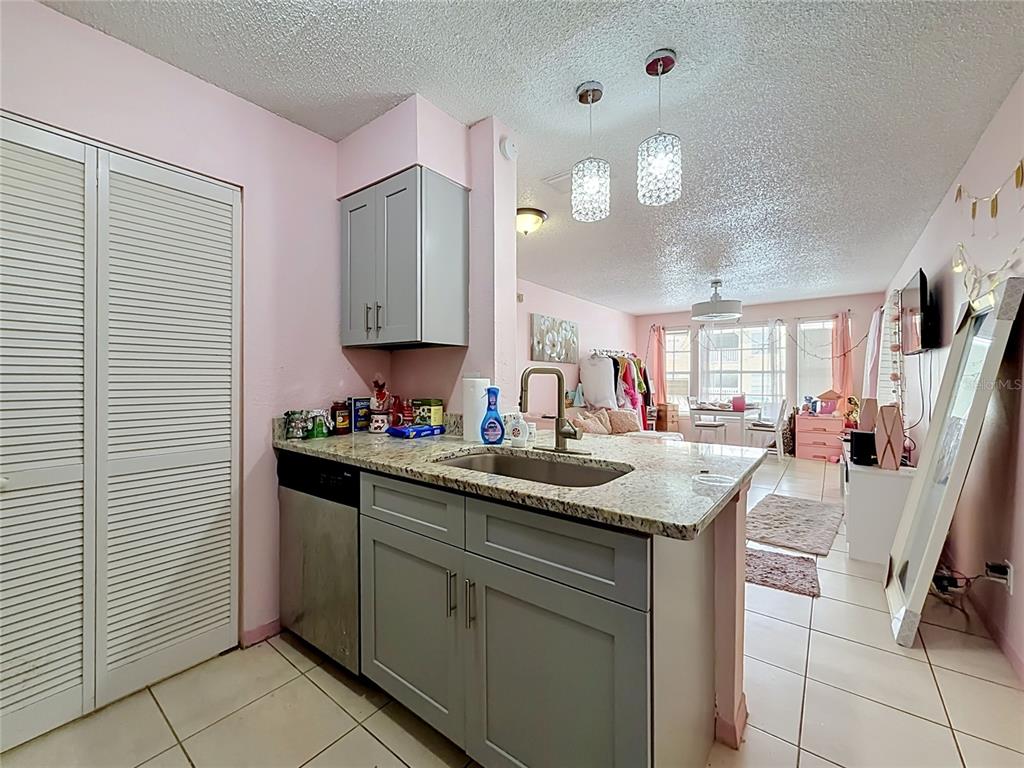 A kitchen with gray cabinets and granite countertops opens into a pink-walled living area — 1081 HIAWASSEE UNIT 713, ORLANDO, FL