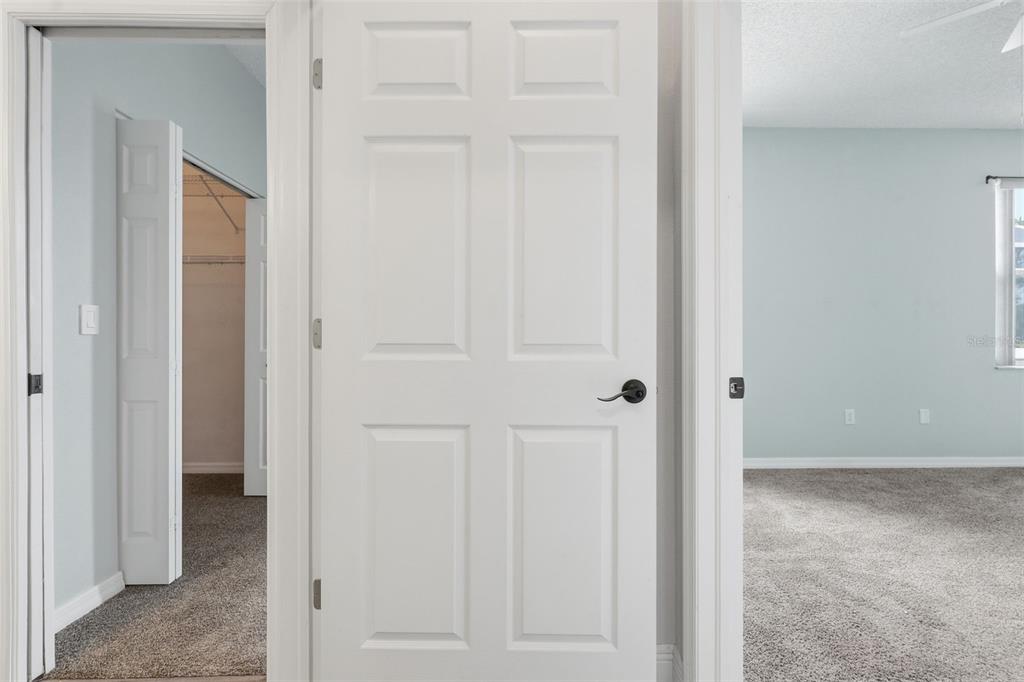 A white door stands between a carpeted bedroom and a walk-in closet — 11214 SAILBROOKE DRIVE, RIVERVIEW, FL