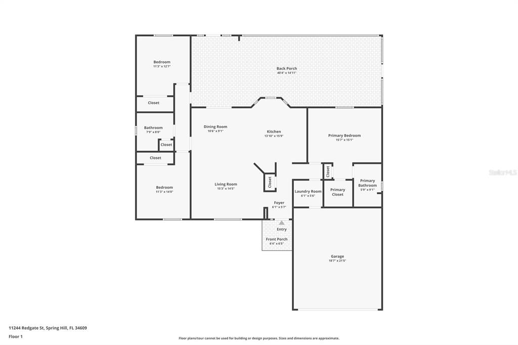 This is a floor plan of a single-story house with three bedrooms and a garage — 11244 REDGATE STREET, SPRING HILL, FL