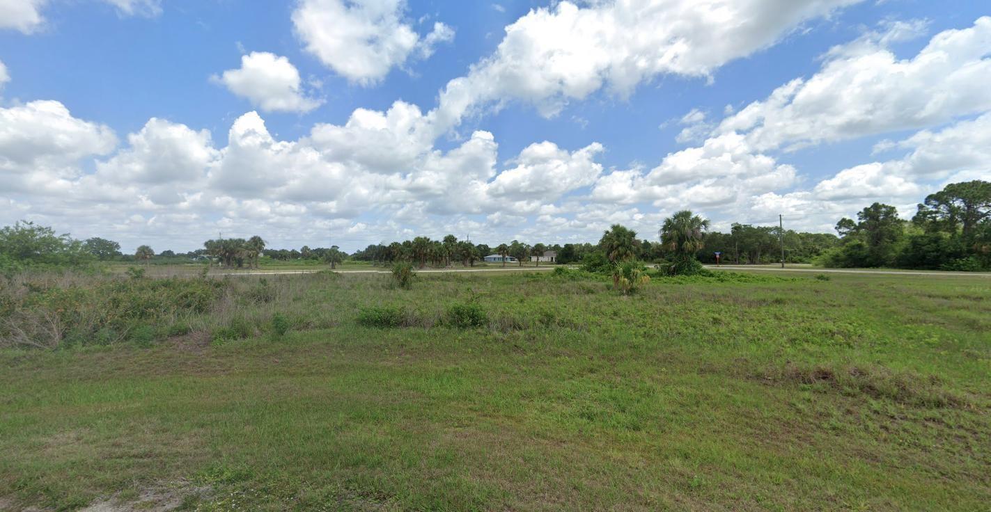 A wide, grassy vacant lot features scattered palm trees under a bright, cloudy blue sky — 7016 Alpine Court, FL 33935, FL