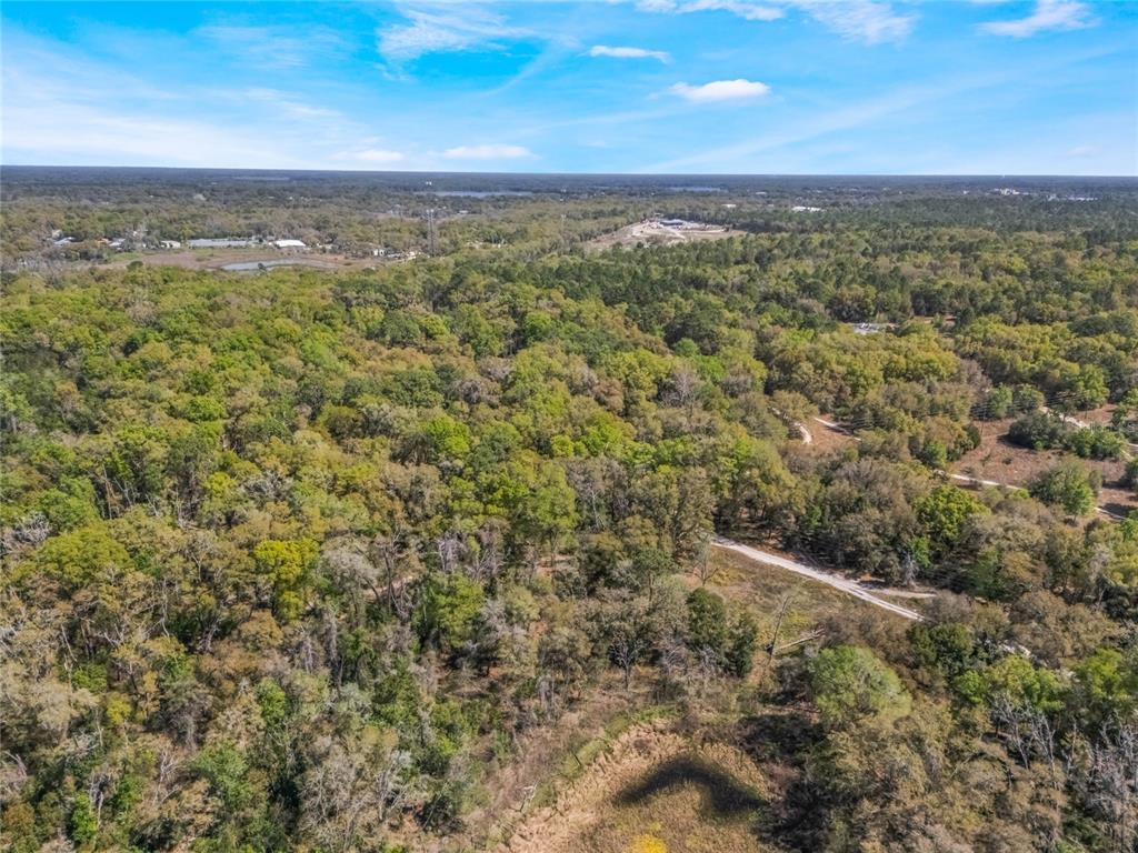 An aerial view shows a large, wooded plot of land with a dirt access road — 2208 EISENHOWER STREET, INVERNESS, FL