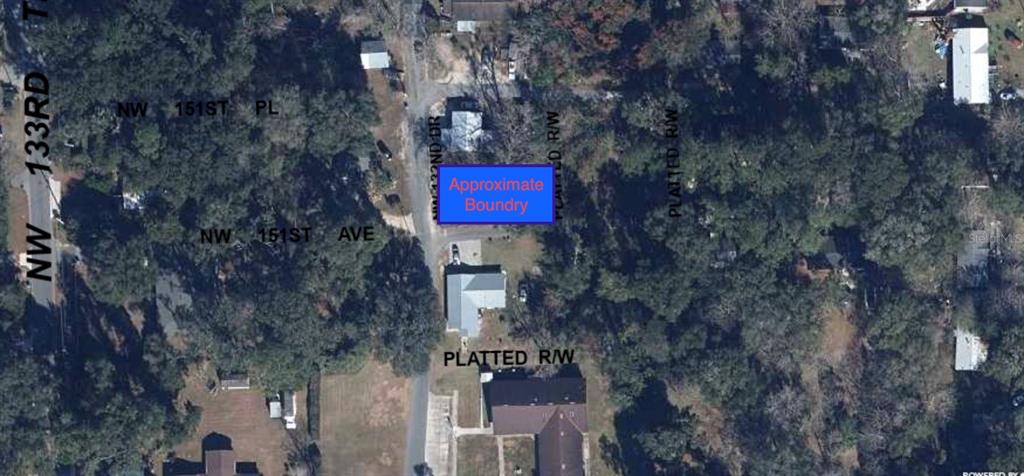 This aerial map shows a rectangular plot of land highlighted in blue near a road — TBD NW 151ST AVENUE, ALACHUA, FL