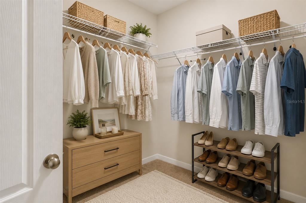A walk-in closet features hanging clothes, a wooden dresser, and a shoe rack — 1673 BARBERRY DRIVE, KISSIMMEE, FL