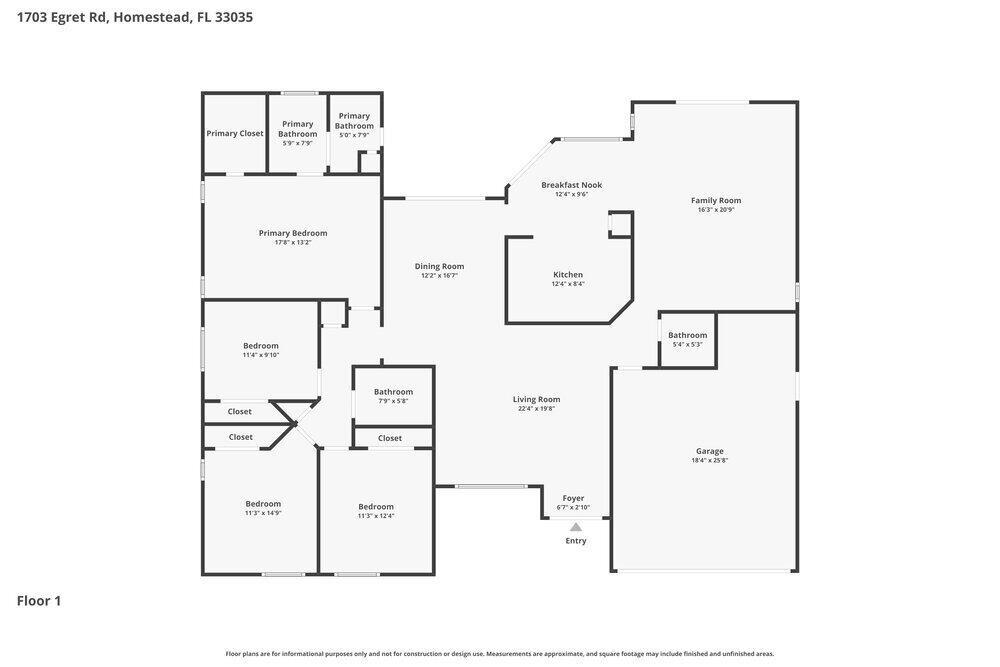 This is a floor plan for a single-story residential home with four bedrooms and a garage — HOMESTEAD, FL