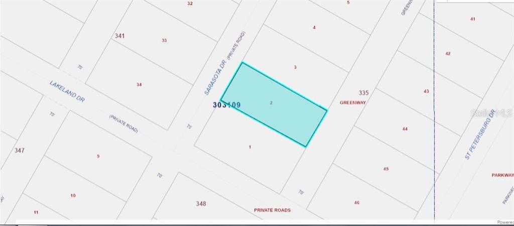 This is a map showing a highlighted rectangular land parcel located between two private roads — SARASOTA DRIVE, INDIAN LAKE ESTATES, FL