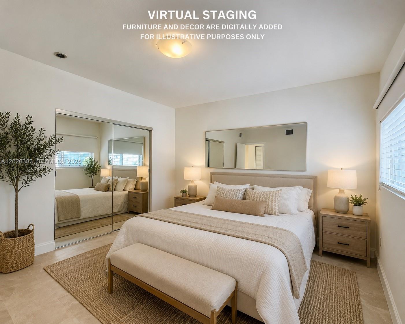 This bedroom features a bed, mirrored closet doors, and virtual staging furniture on tile floors — 6905 Bay Dr # 13, Miami Beach FL 33141, MIAMI BEACH, FL
