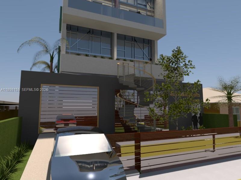 This is a rendering of a modern multi-story building featuring a spiral staircase and garage — 1915 Normandy Dr, Miami Beach FL 33141, MIAMI BEACH, FL