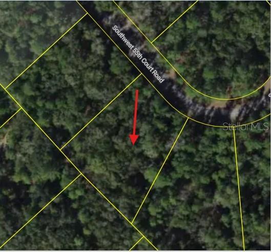 This is an aerial map showing a wooded lot with property lines and a red arrow — 0 SW 55TH COURT ROAD, OCALA, FL